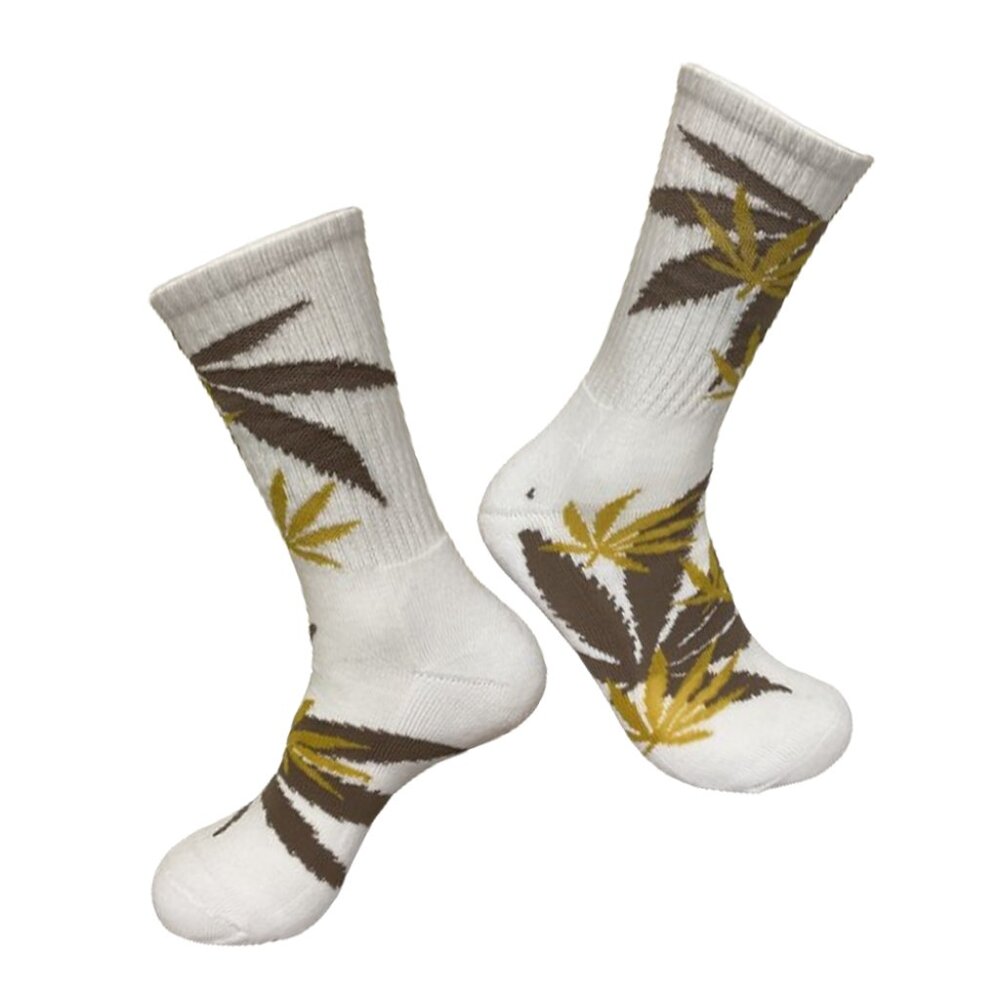 Marijuana Weed Leaf Men/Women sport socks (White w/ Yellow & Brown Leaves)